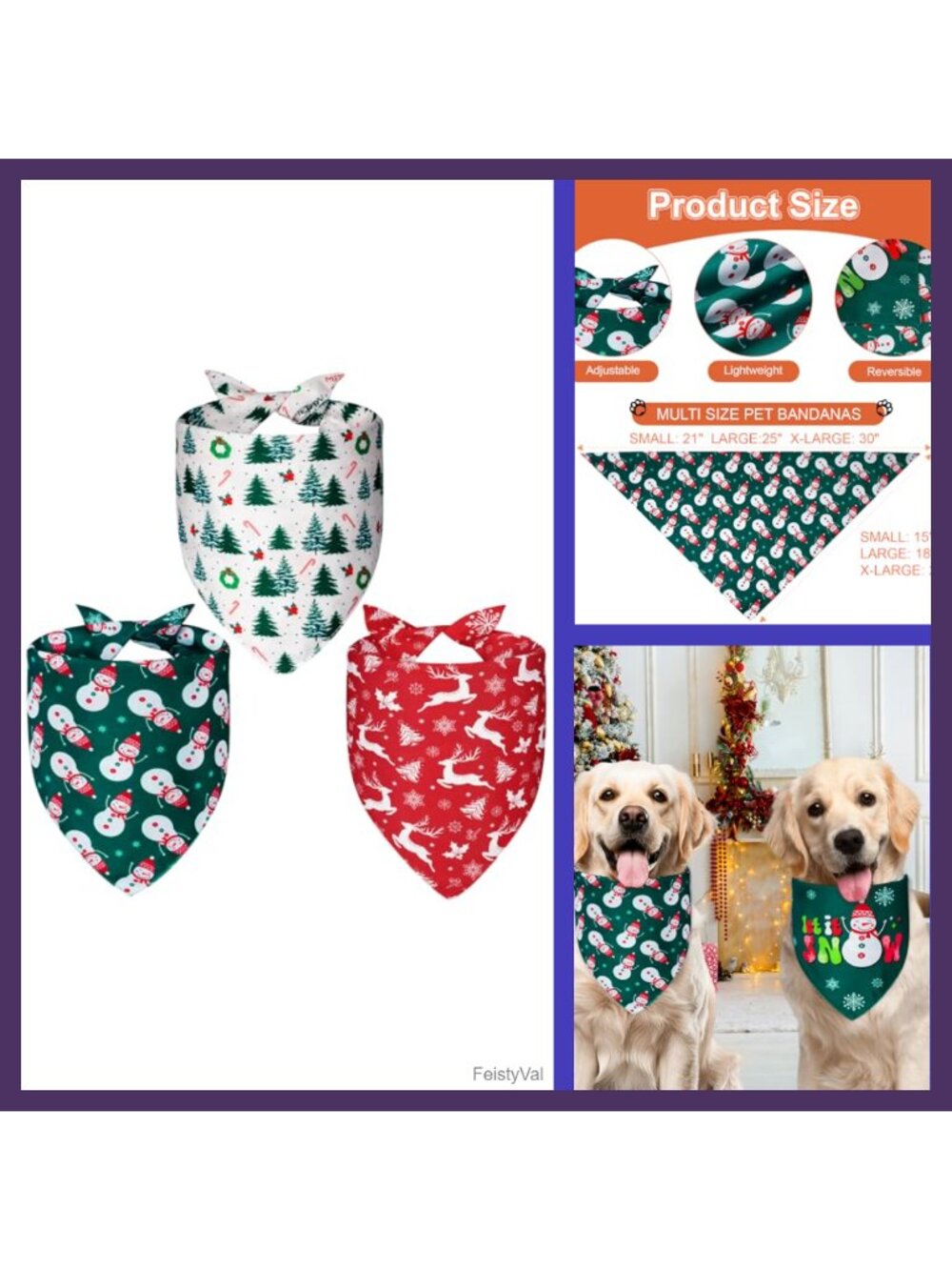 Christmas Dog Bandanas 3PCS Double Sided Polyester Scarf Set 6 Patterns Holiday
